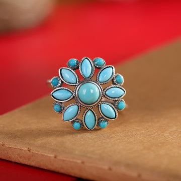 S925 Sterling Silver Turquoise Floral Open Ring – Vintage Adjustable Design