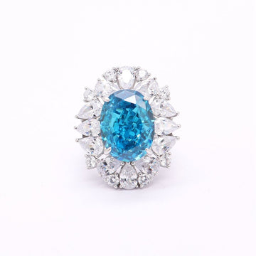 S925 Silver Ice-Cut Oval Blue Diamond Ring