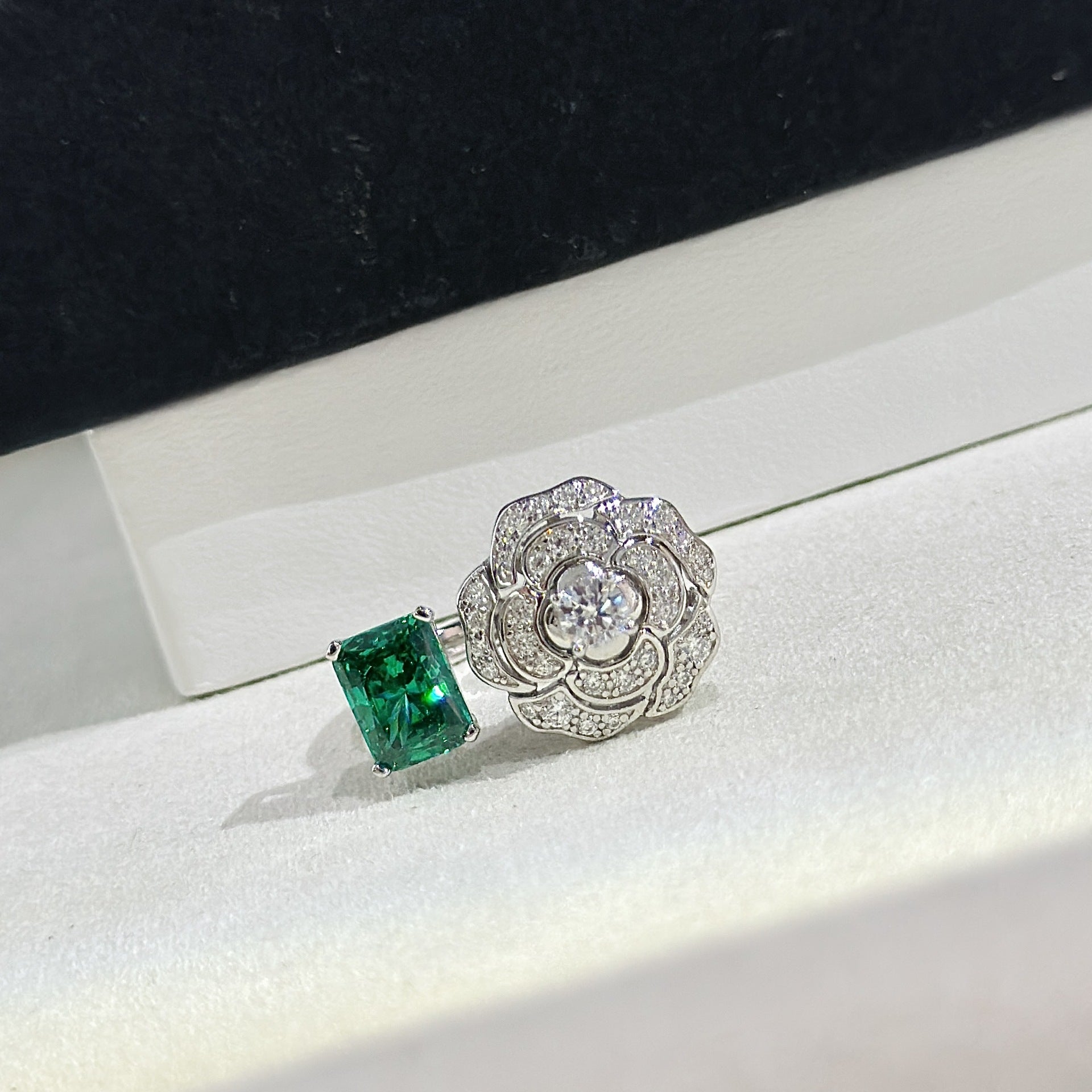 Camellia Ring – S925 Silver Open Band with Simulated Diamond
