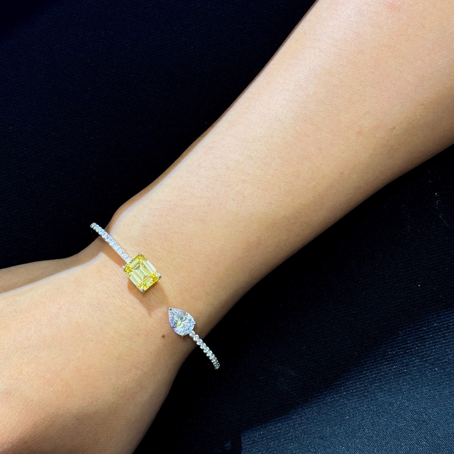 SoleilLuxe™ Solid Silver Yellow & White Diamond Open Cuff Bracelet