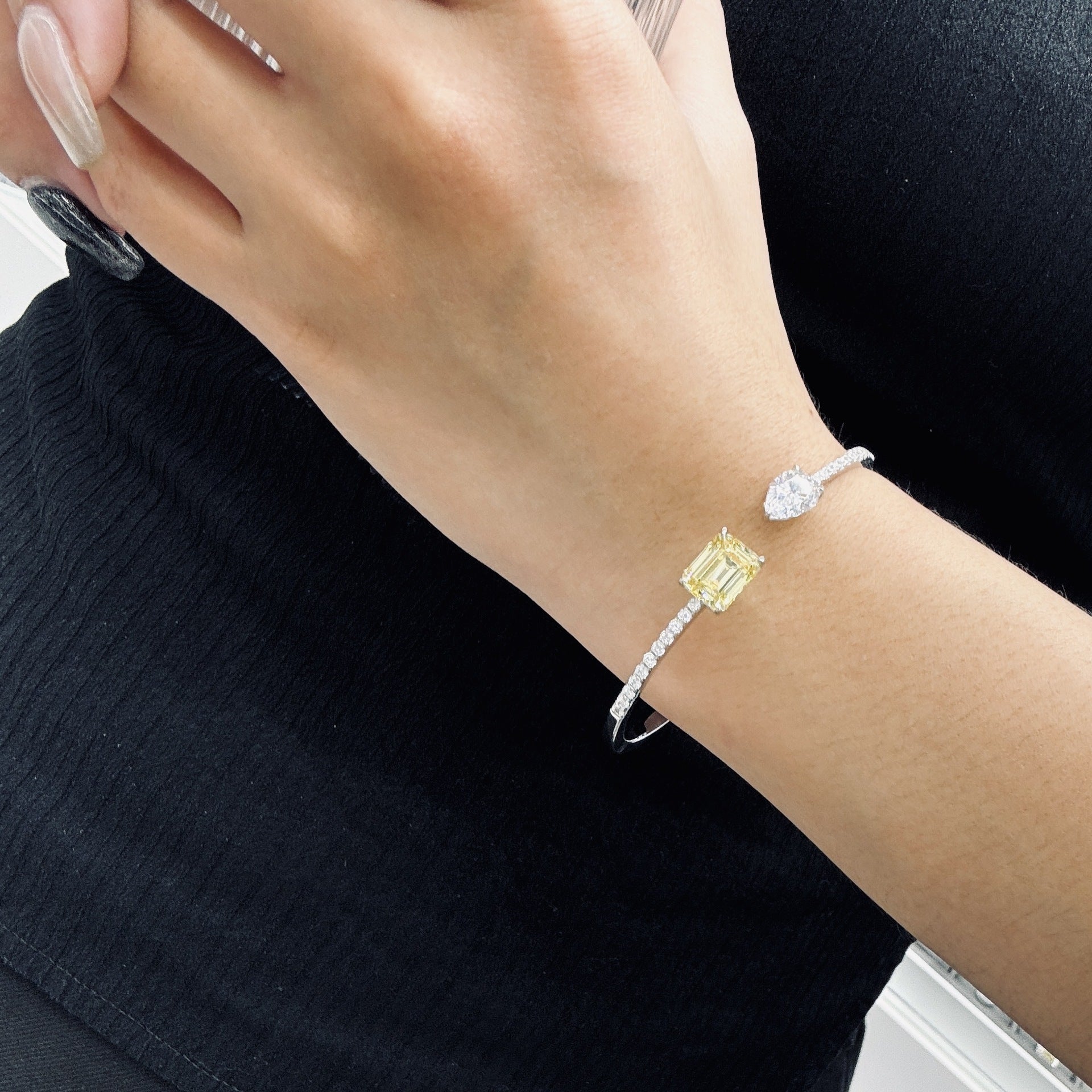 SoleilLuxe™ Solid Silver Yellow & White Diamond Open Cuff Bracelet