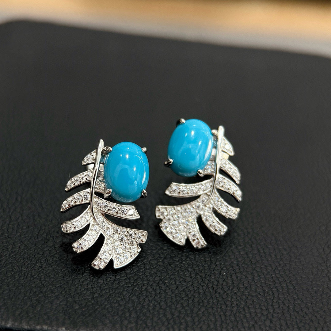 Azure Feather Studs – S925 Silver with Turquoise & Pavé Zircon