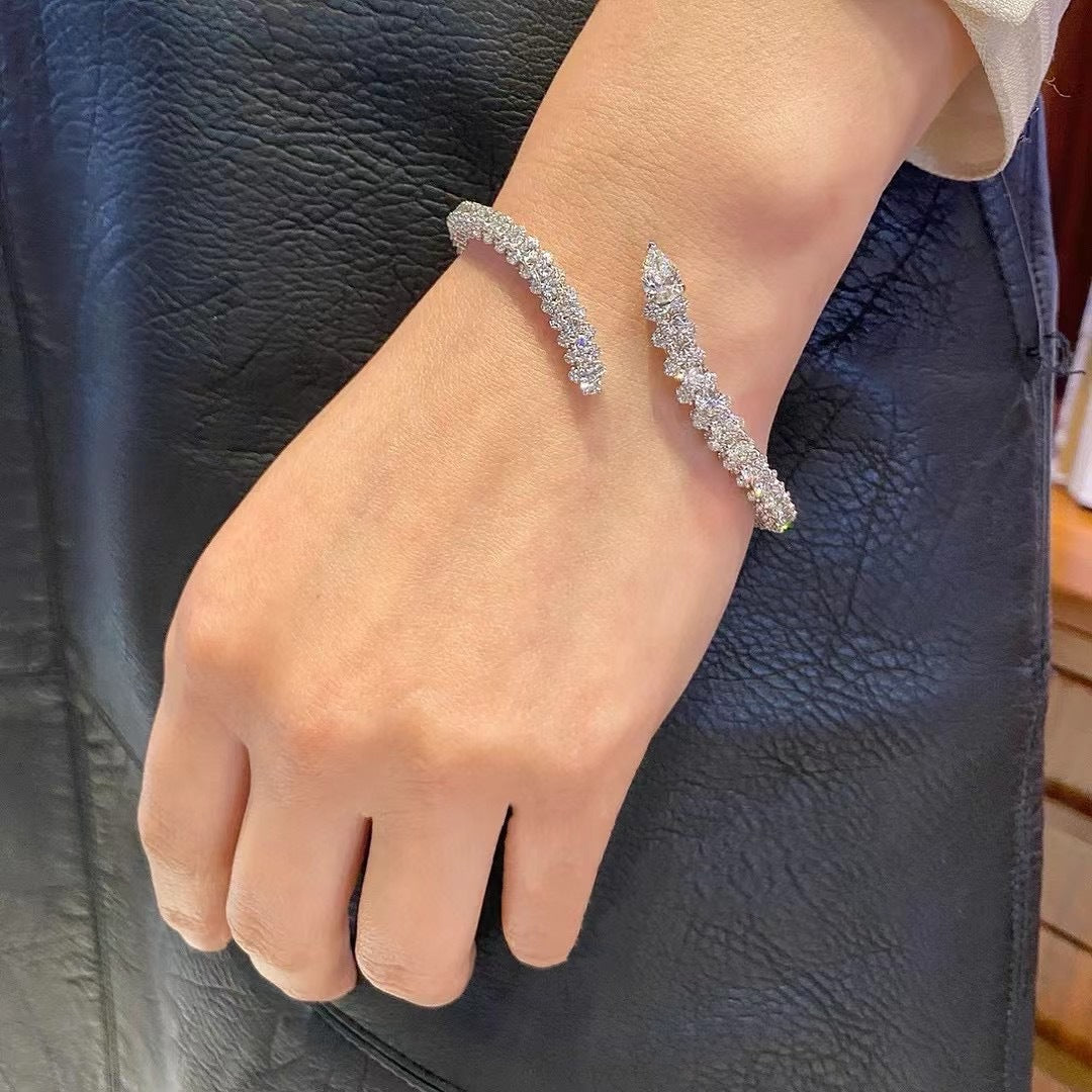 SerpentNoir™ Solid Silver Full Pavé Snakehead Cuff Bracelet