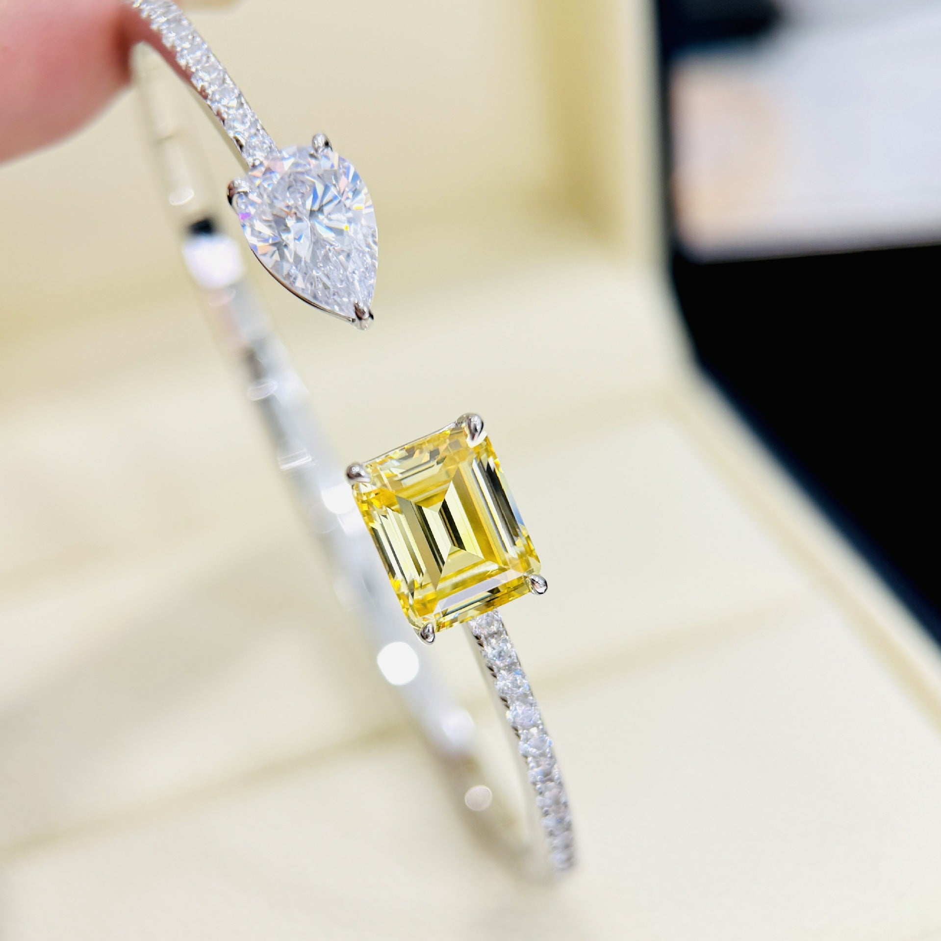 SoleilLuxe™ Solid Silver Yellow & White Diamond Open Cuff Bracelet