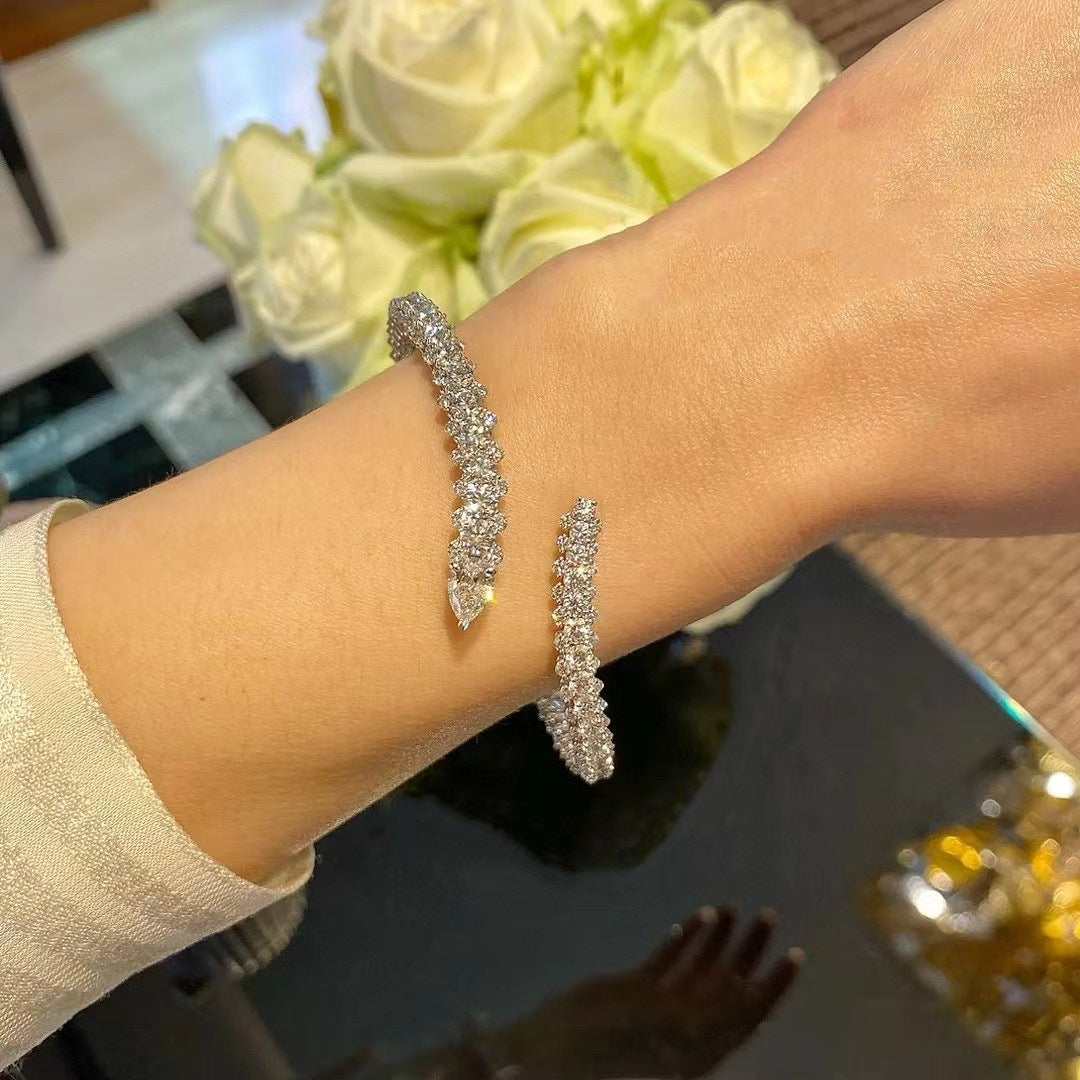 SerpentNoir™ Solid Silver Full Pavé Snakehead Cuff Bracelet