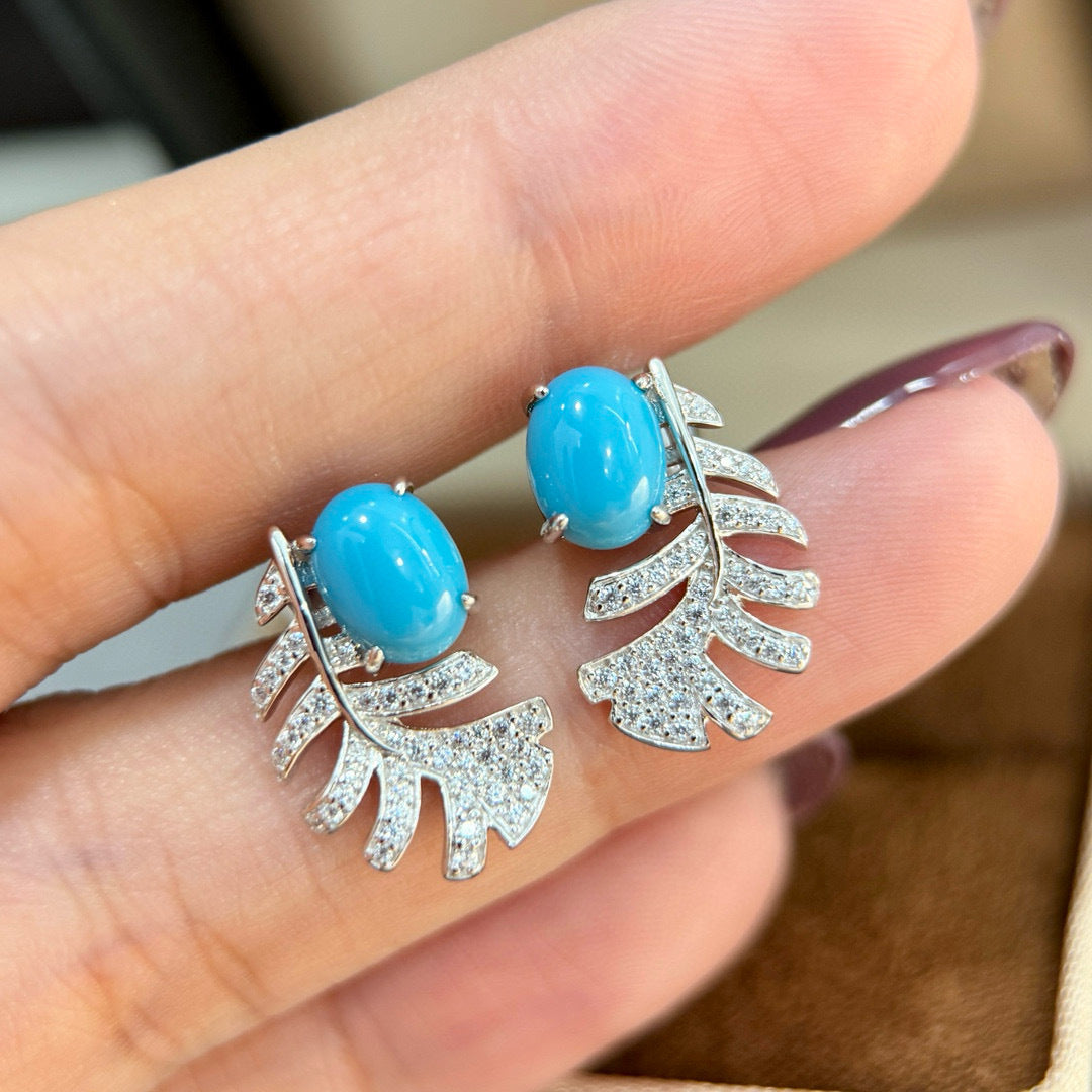 Azure Feather Studs – S925 Silver with Turquoise & Pavé Zircon