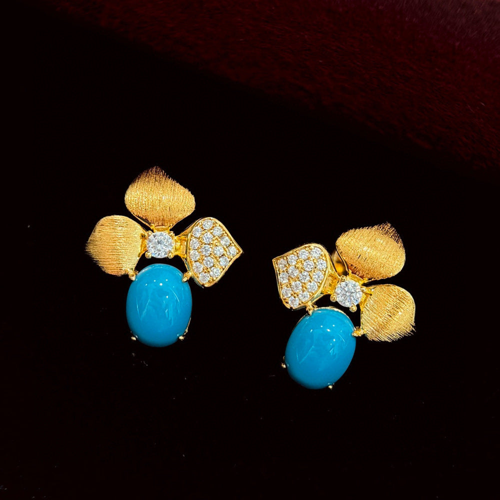 Dreamleaf Studs – S925 Silver Brushed Leaf Earrings with Turquoise Accents