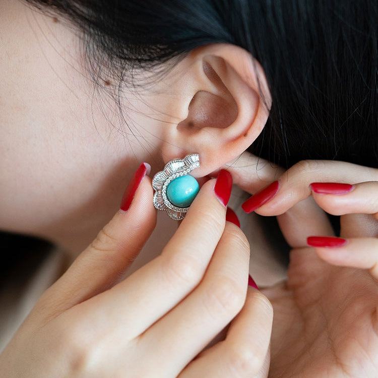 S925 Silver French Turquoise Wave-Cut Stud Earrings