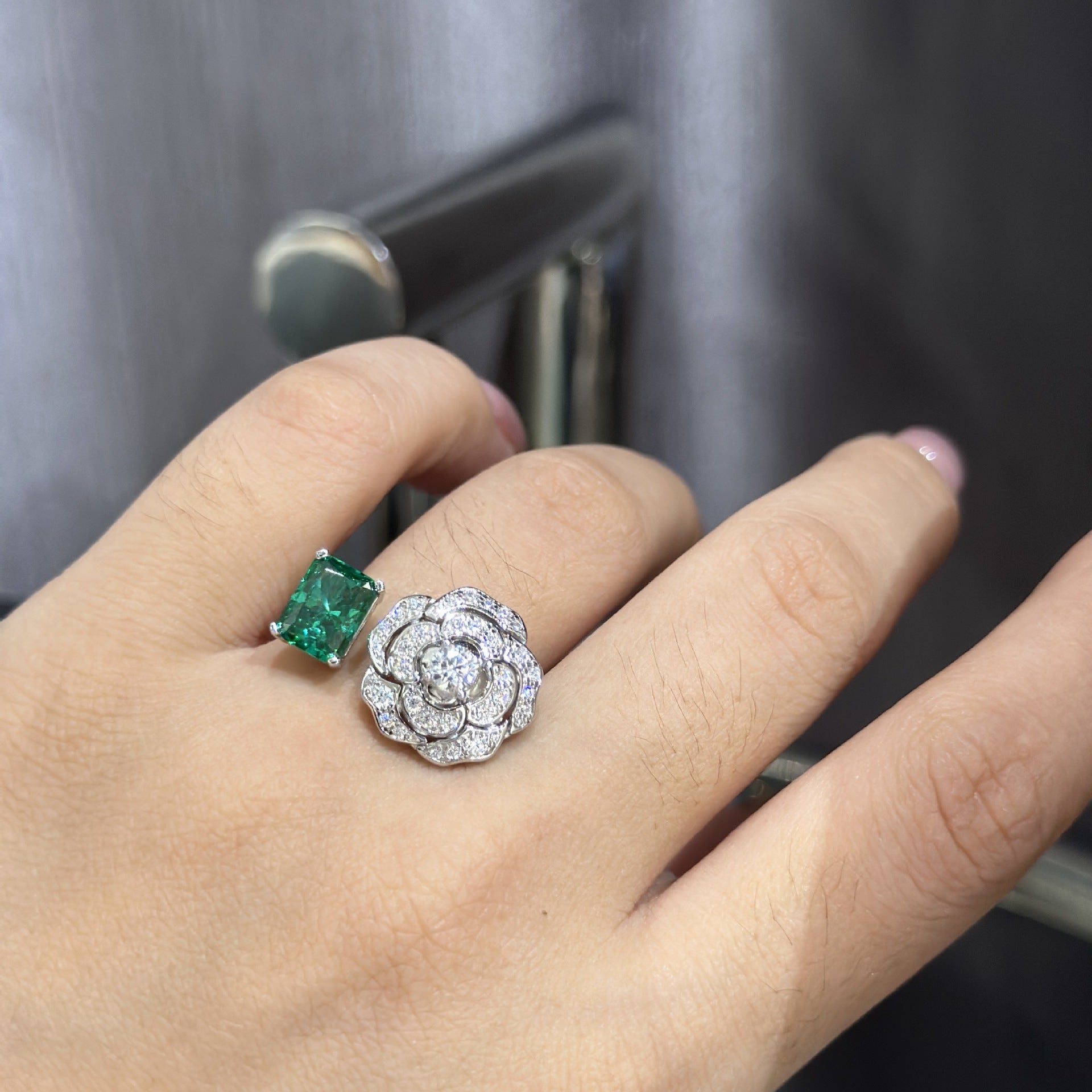 Camellia Ring – S925 Silver Open Band with Simulated Diamond