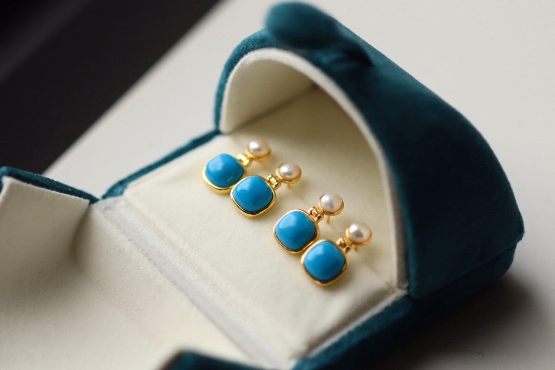 S925 Sterling Silver Turquoise & Pearl Stud Earrings