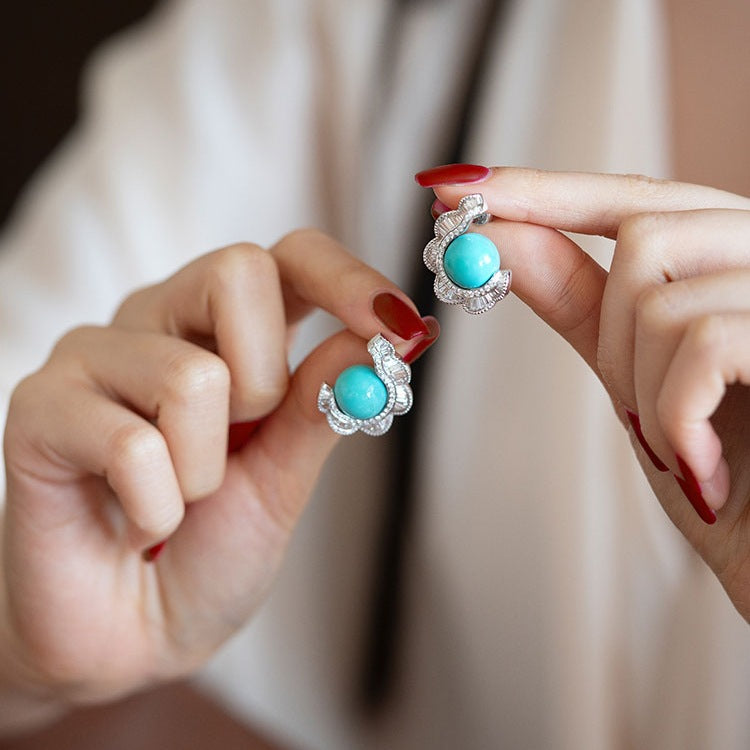 S925 Silver French Turquoise Wave-Cut Stud Earrings