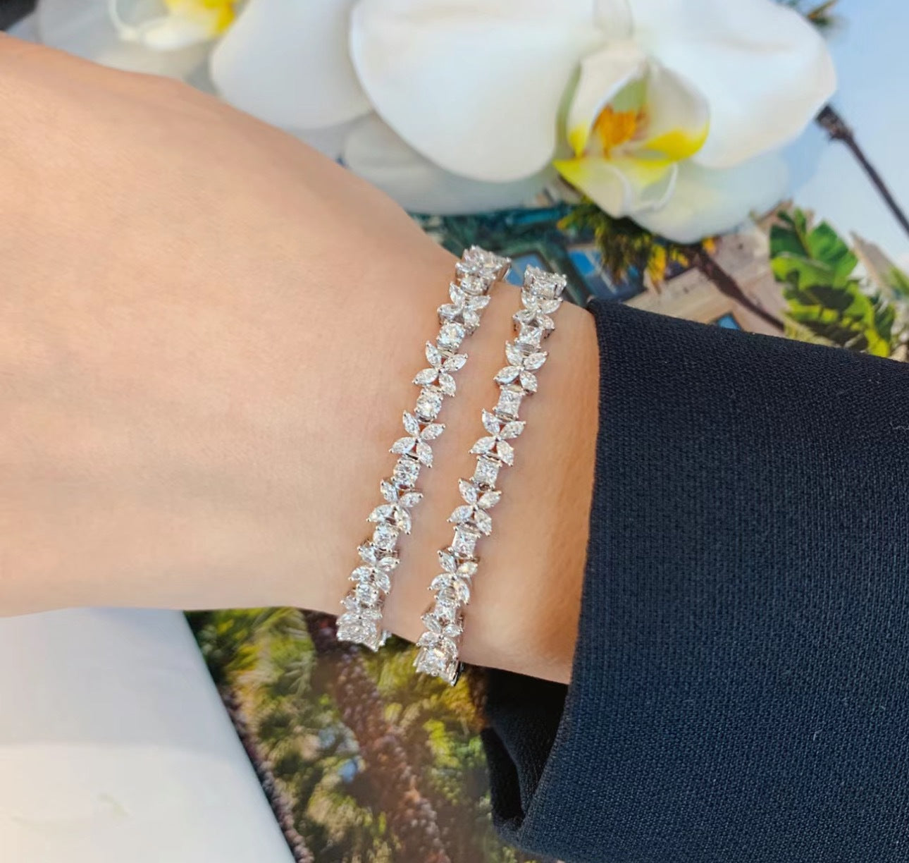 ÉtoileFlorale™ S925 Silver Marquise Cluster Pavé Bracelet