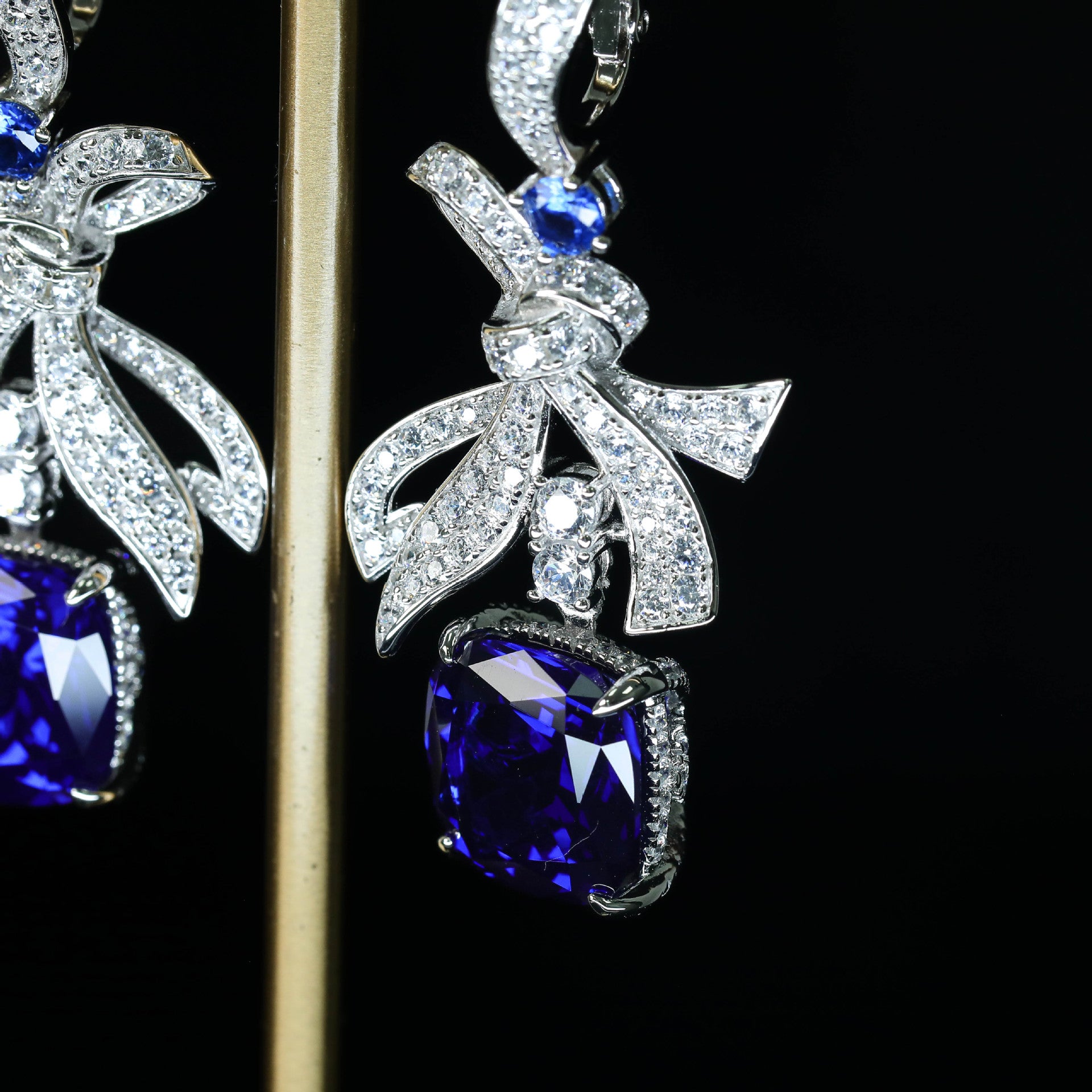 RoyalBow™ 925 Gold-Plated Sapphire Cushion Drop Earrings