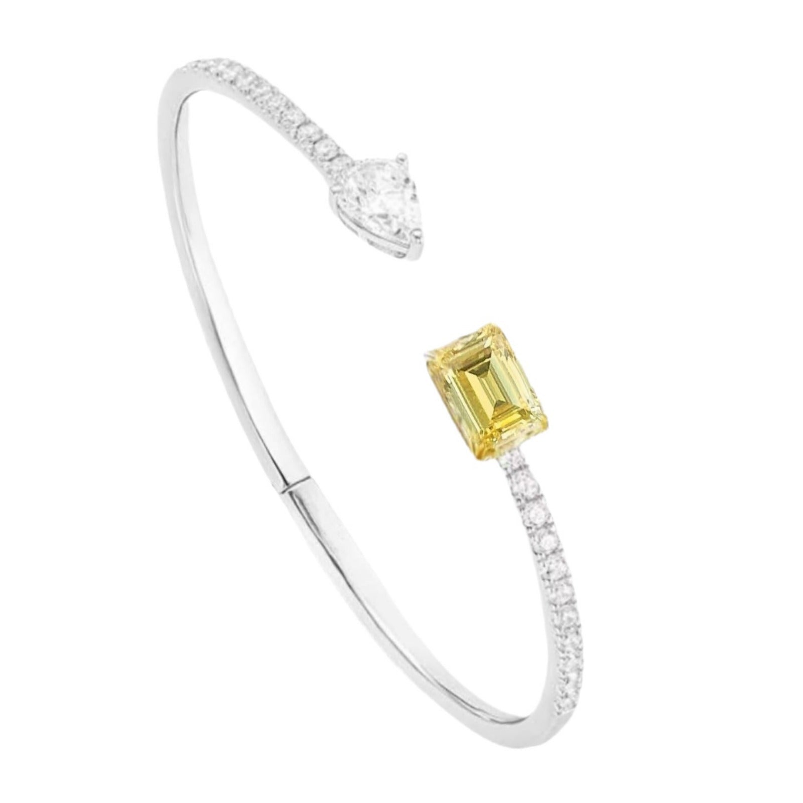 SoleilLuxe™ Solid Silver Yellow & White Diamond Open Cuff Bracelet