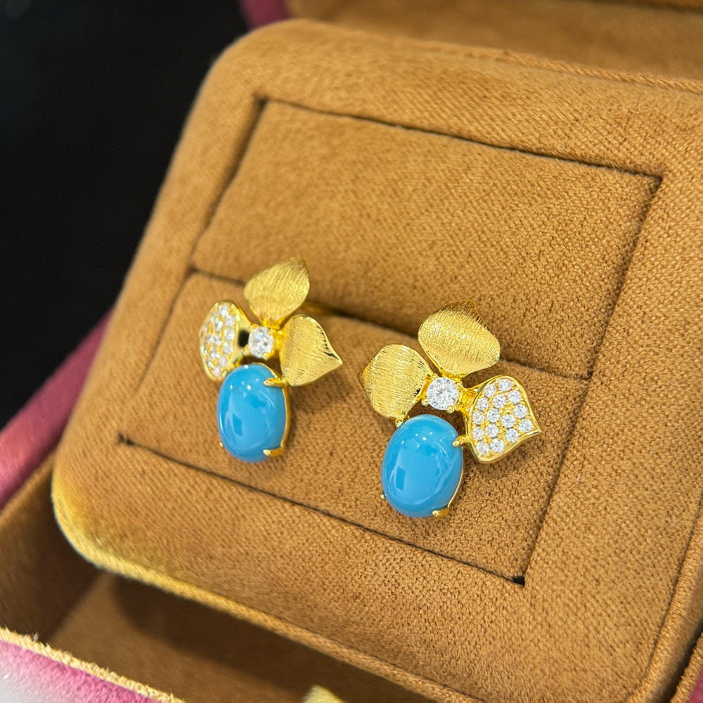 Dreamleaf Studs – S925 Silver Brushed Leaf Earrings with Turquoise Accents