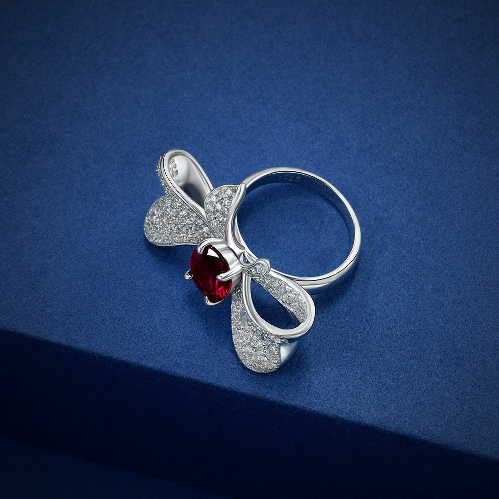 Imperial Bloom | 4.5ct Oval Ruby or Sapphire Bow Ring – S925 Sterling Silver