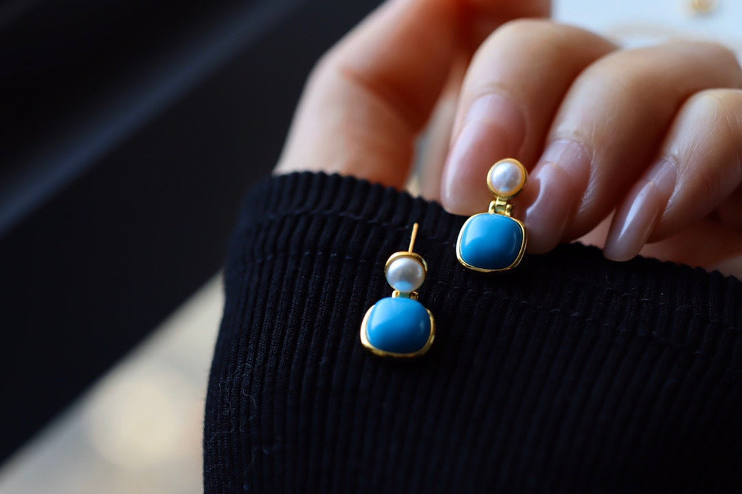 S925 Sterling Silver Turquoise & Pearl Stud Earrings