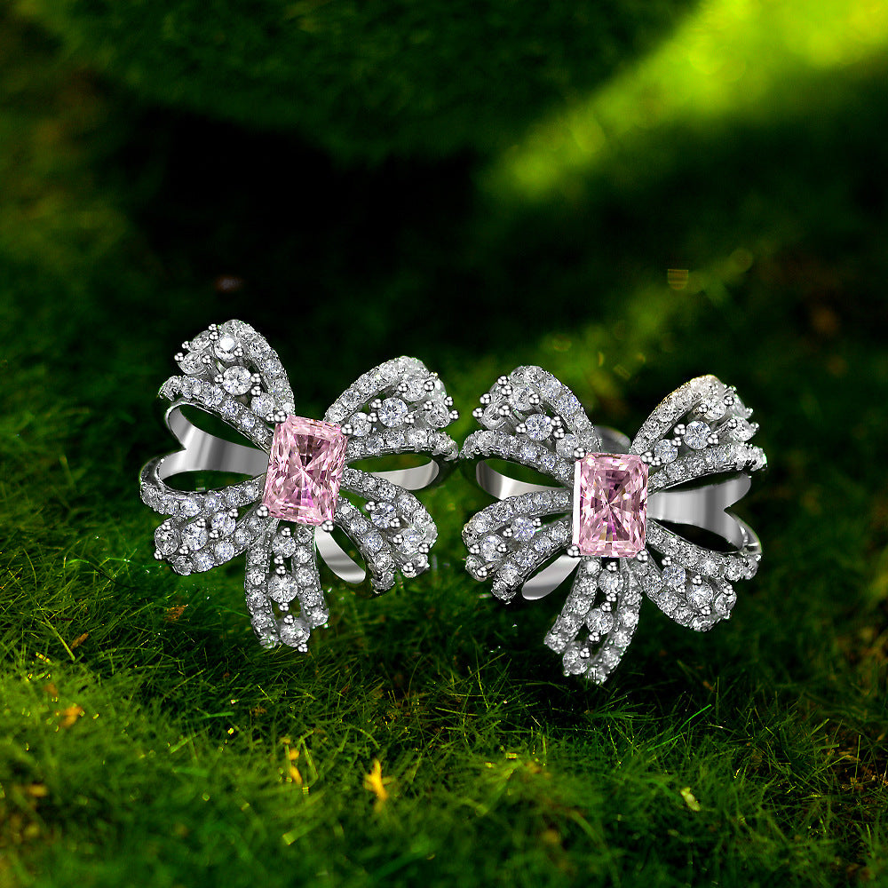 S925 Emerald-Cut Butterfly Bow Earrings – 1ct Lab-Grown Emerald, Pavé Zircon
