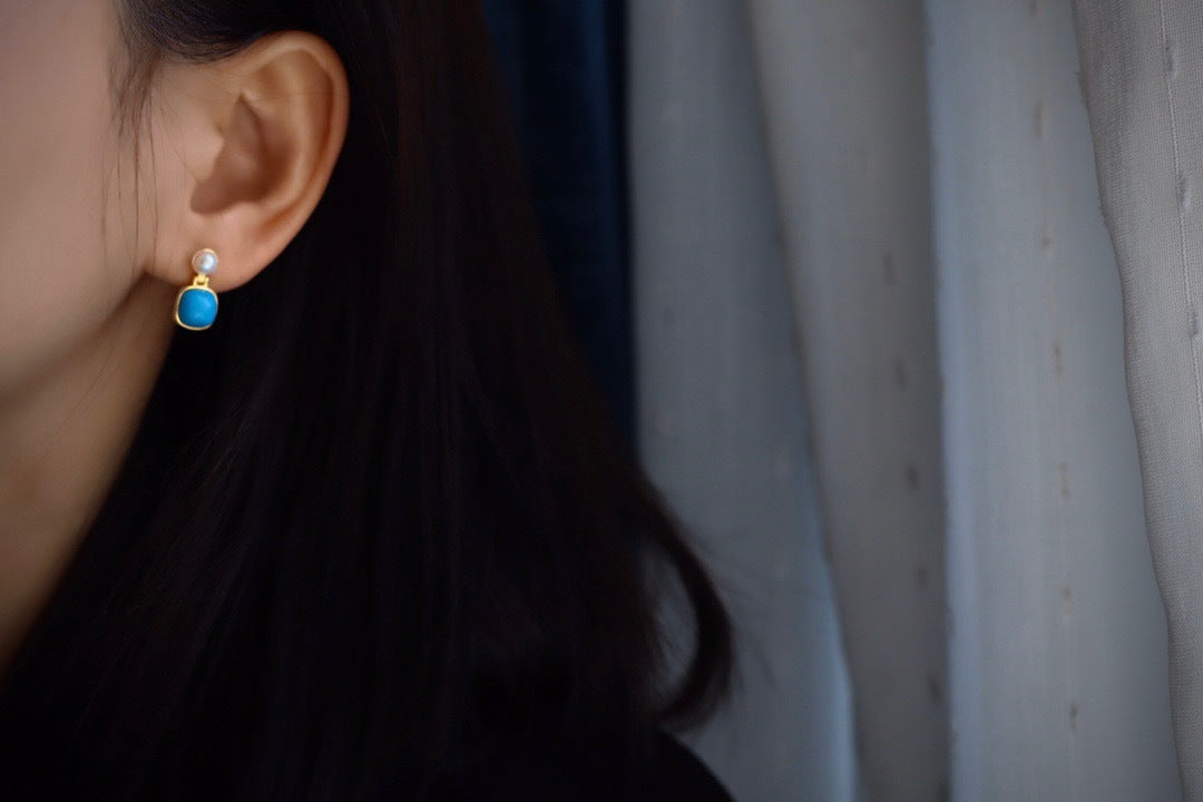 S925 Sterling Silver Turquoise & Pearl Stud Earrings