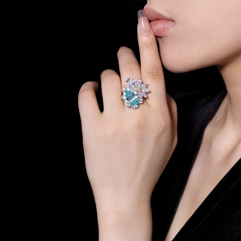 S925 Silver Paraiba Blue Halo Ring