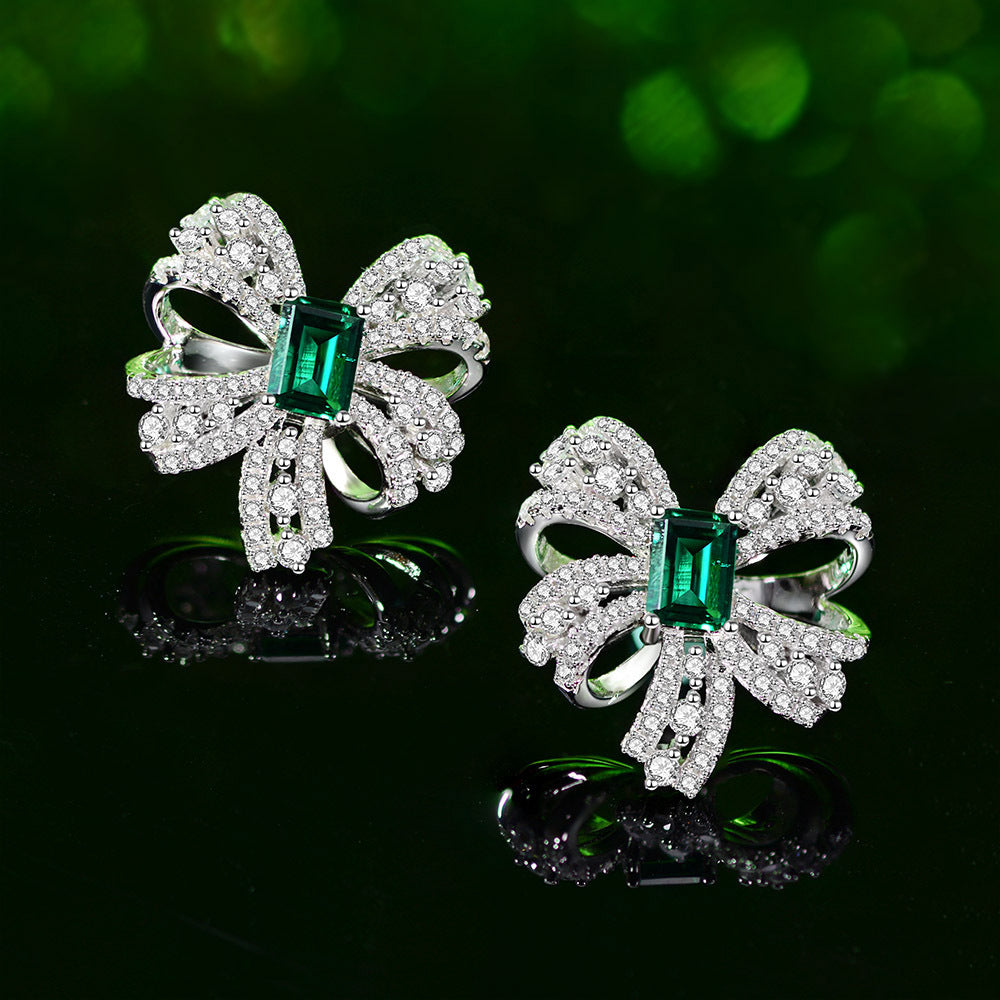 S925 Emerald-Cut Butterfly Bow Earrings – 1ct Lab-Grown Emerald, Pavé Zircon