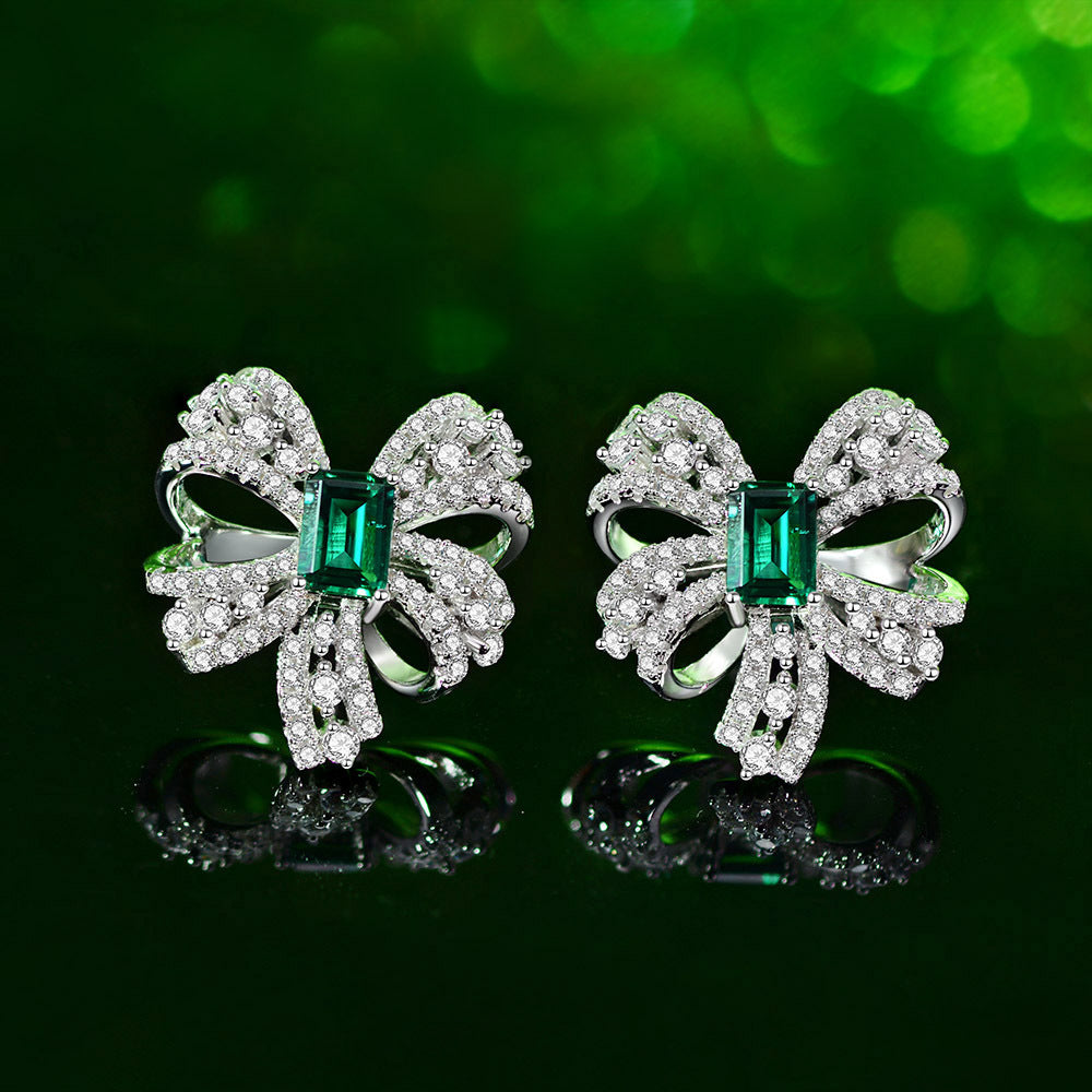 S925 Emerald-Cut Butterfly Bow Earrings – 1ct Lab-Grown Emerald, Pavé Zircon