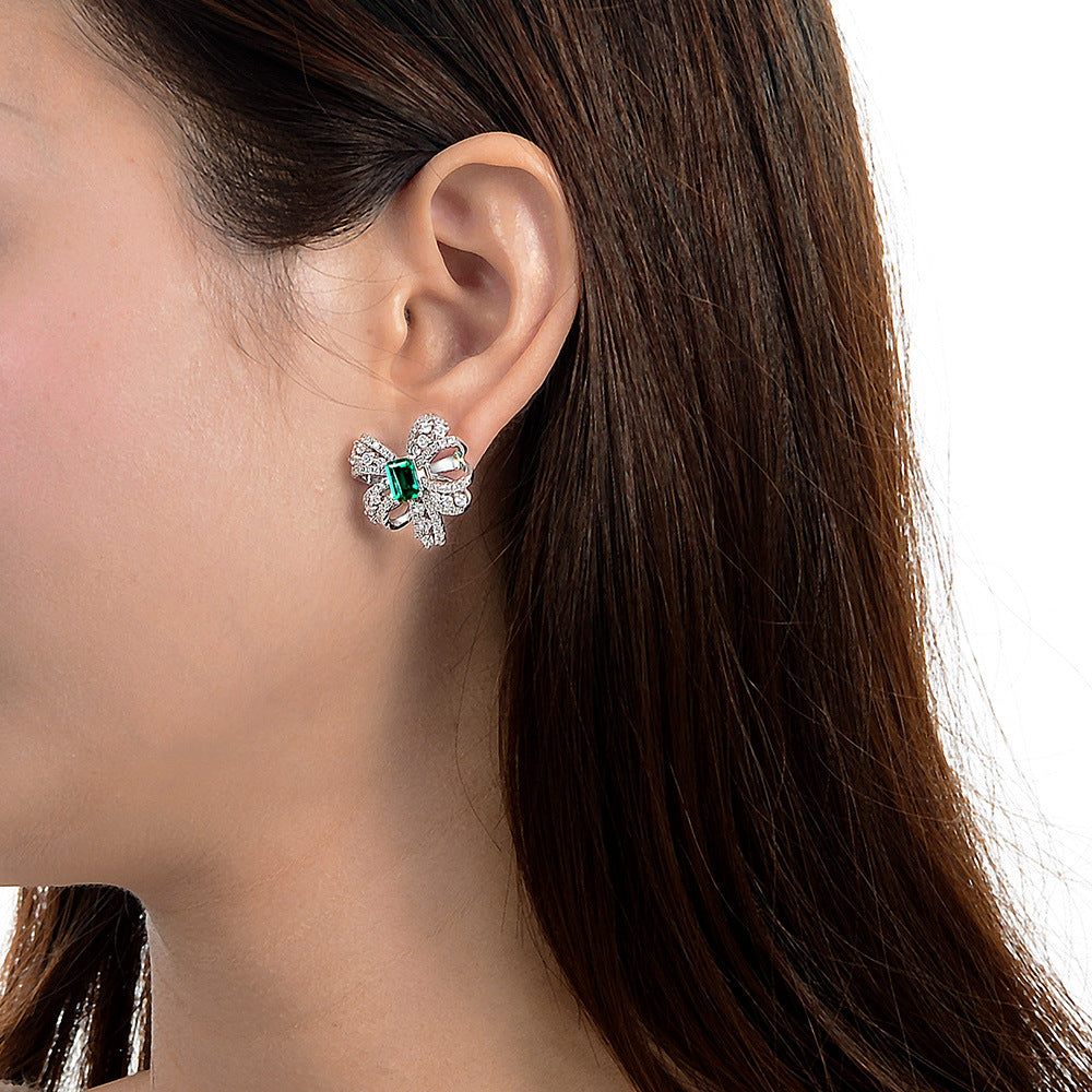 S925 Emerald-Cut Butterfly Bow Earrings – 1ct Lab-Grown Emerald, Pavé Zircon