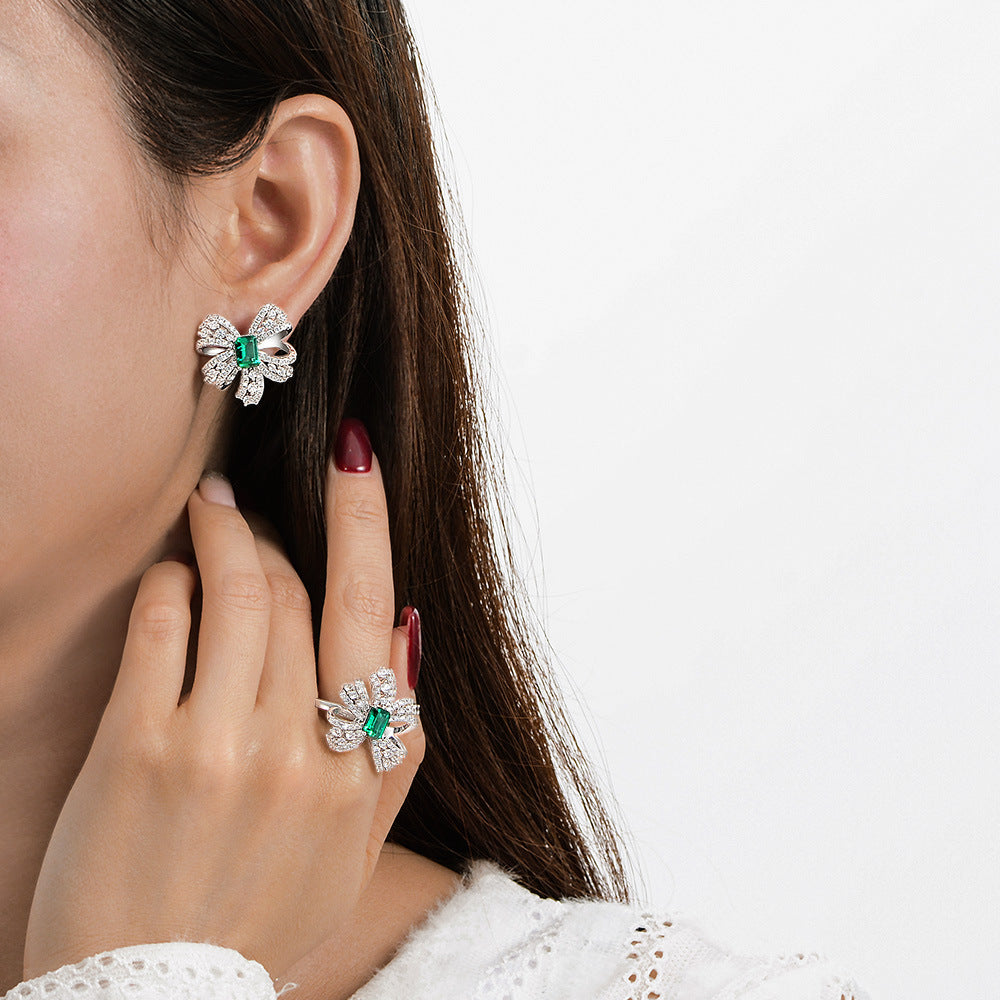 S925 Emerald-Cut Butterfly Bow Earrings – 1ct Lab-Grown Emerald, Pavé Zircon