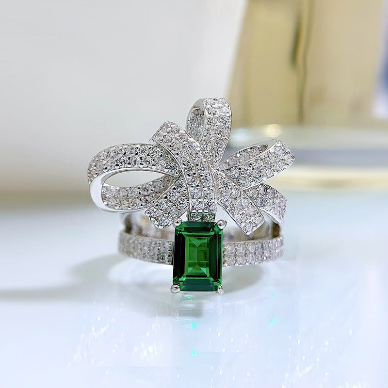 S925 Emerald Butterfly Bow Ring – 5×7mm Lab-Grown Stone, Elegant Statement Design