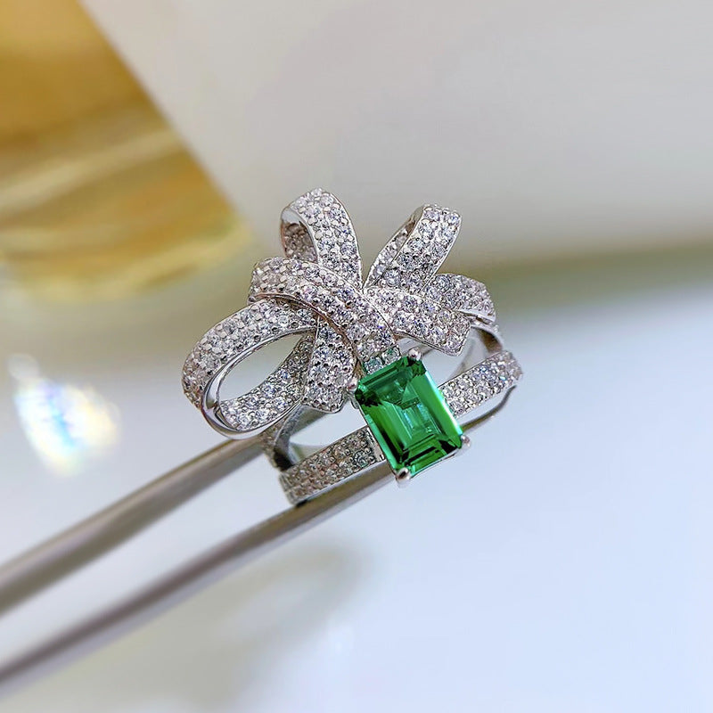 S925 Emerald Butterfly Bow Ring – 5×7mm Lab-Grown Stone, Elegant Statement Design