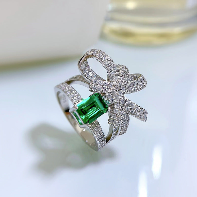 S925 Emerald Butterfly Bow Ring – 5×7mm Lab-Grown Stone, Elegant Statement Design
