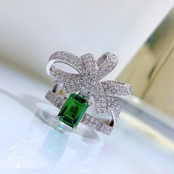 S925 Emerald Butterfly Bow Ring – 5×7mm Lab-Grown Stone, Elegant Statement Design