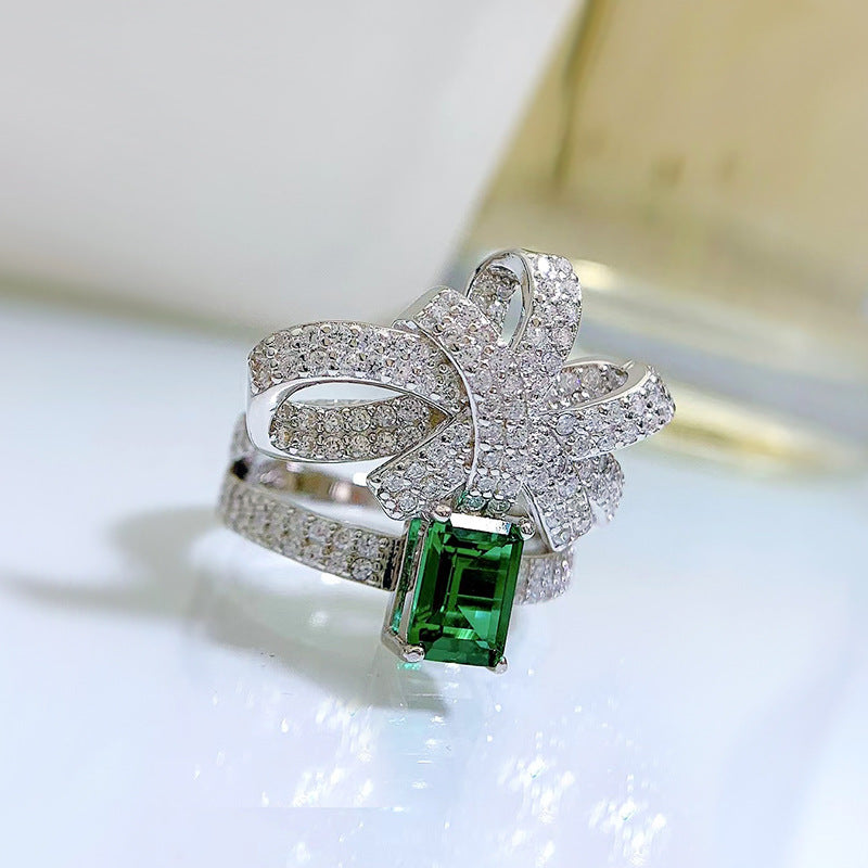 S925 Emerald Butterfly Bow Ring – 5×7mm Lab-Grown Stone, Elegant Statement Design