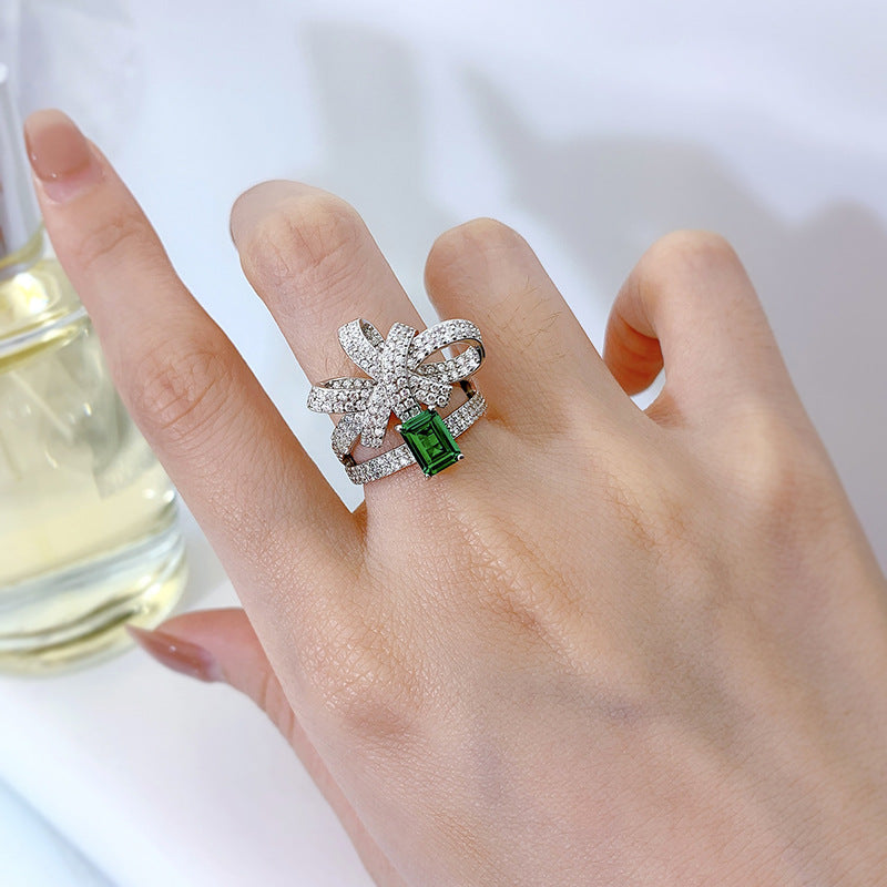 S925 Emerald Butterfly Bow Ring – 5×7mm Lab-Grown Stone, Elegant Statement Design