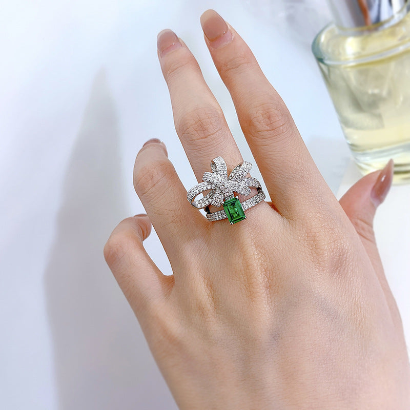 S925 Emerald Butterfly Bow Ring – 5×7mm Lab-Grown Stone, Elegant Statement Design
