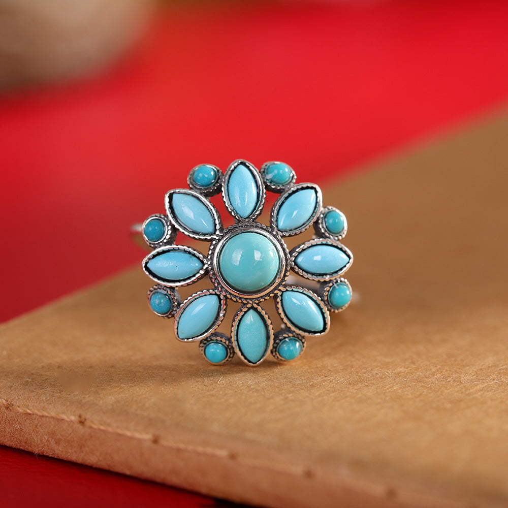 S925 Sterling Silver Turquoise Floral Open Ring – Vintage Adjustable Design