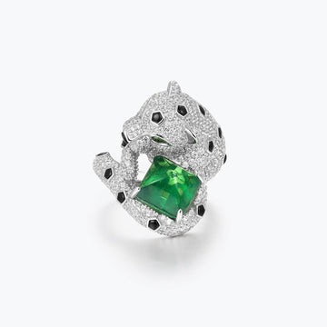 S925 Silver Emerald Panther Statement Ring