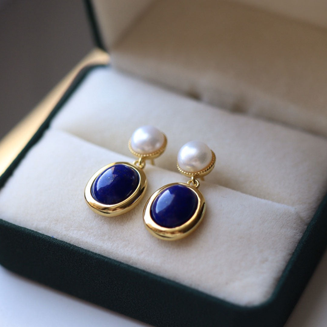 S925 Silver Lapis Lazuli and Pearl Drop Earrings