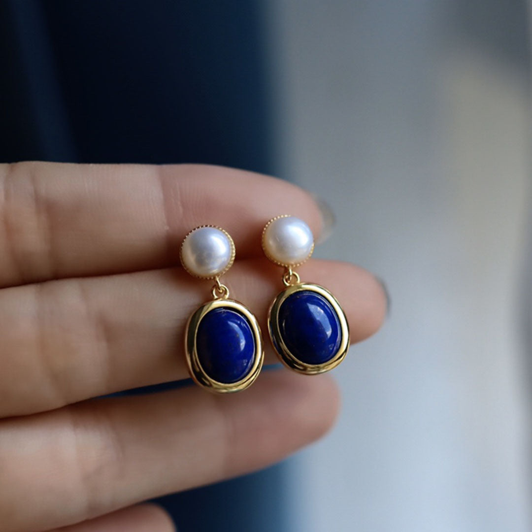 S925 Silver Lapis Lazuli and Pearl Drop Earrings