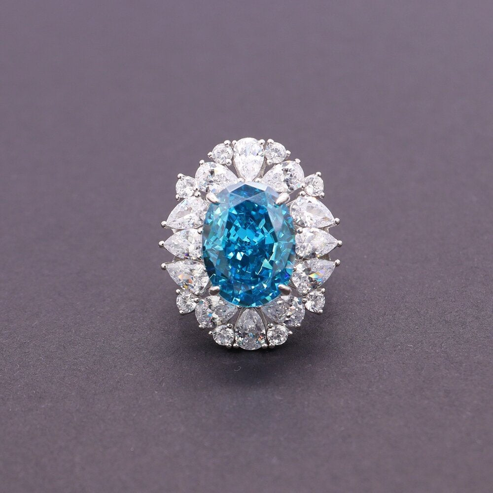S925 Silver Ice-Cut Oval Blue Diamond Ring