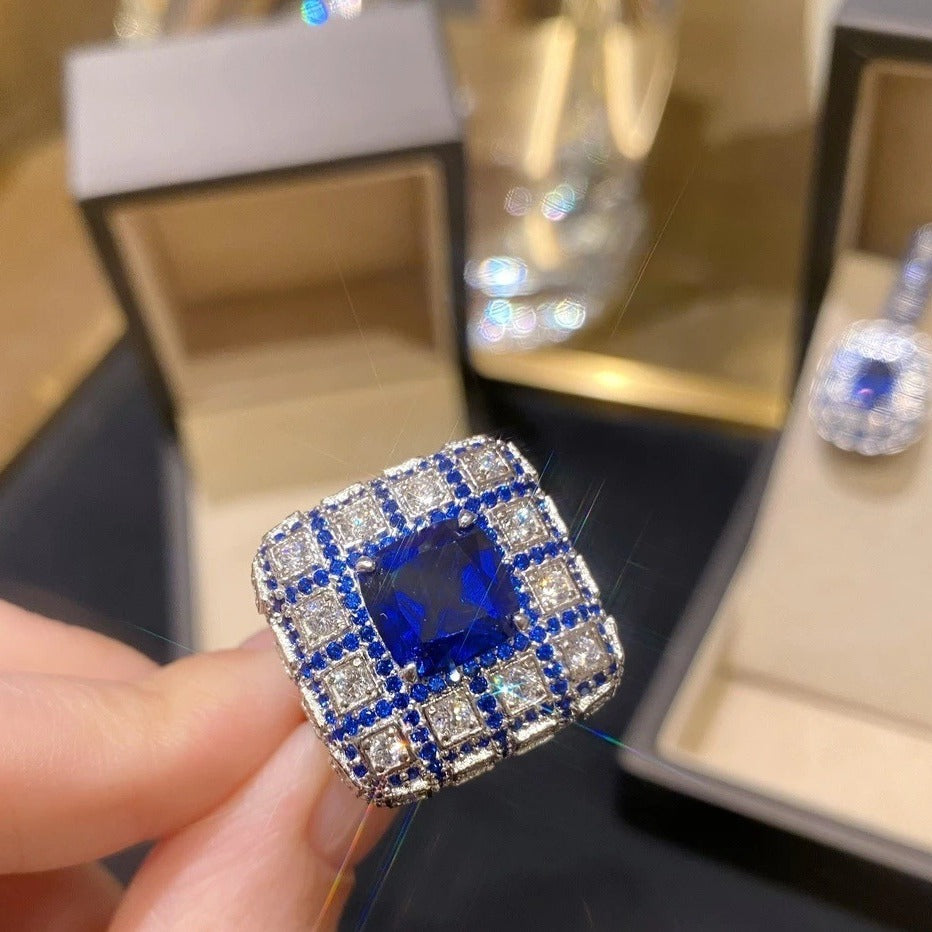 Royal Blue Cushion Halo Ring
