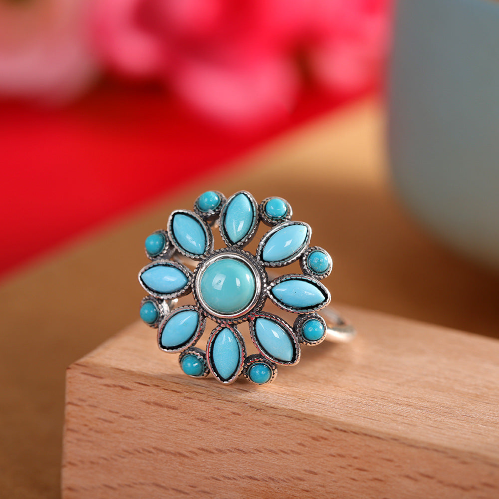 S925 Sterling Silver Turquoise Floral Open Ring – Vintage Adjustable Design