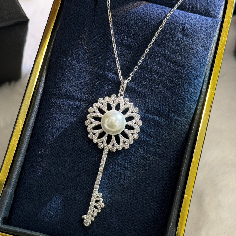 S925 Silver Sunflower Pearl Key Necklace