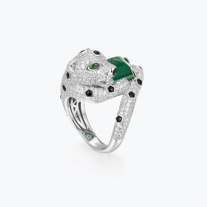 S925 Silver Emerald Panther Statement Ring