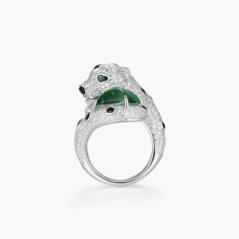 S925 Silver Emerald Panther Statement Ring
