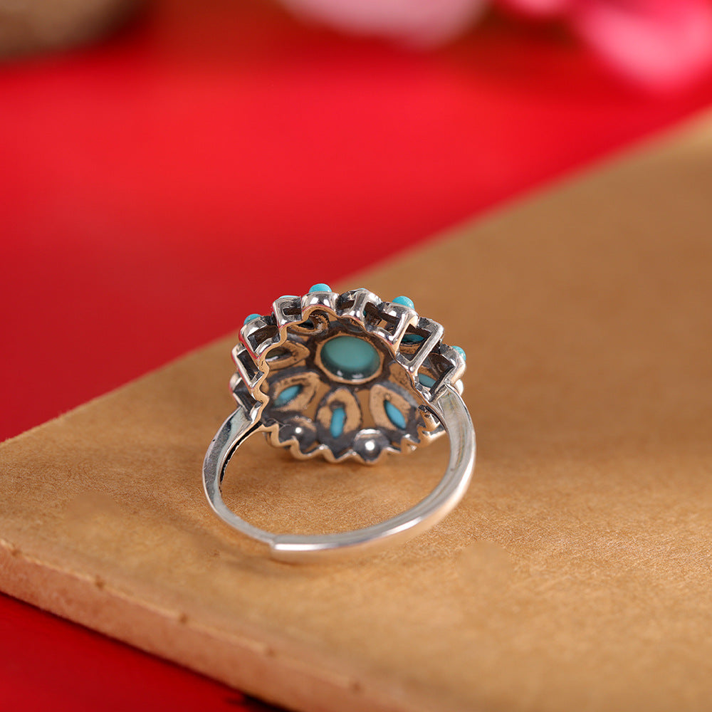 S925 Sterling Silver Turquoise Floral Open Ring – Vintage Adjustable Design