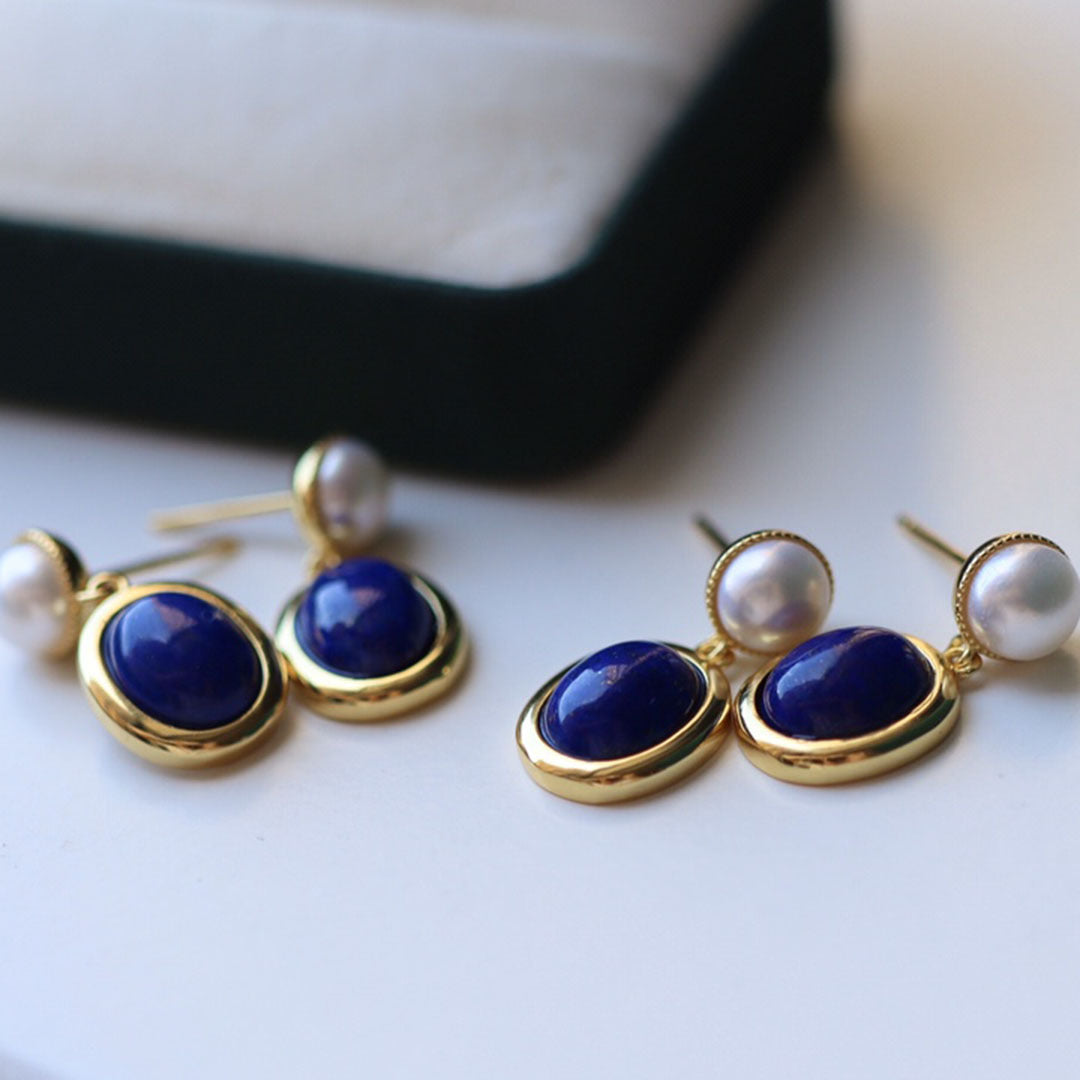 S925 Silver Lapis Lazuli and Pearl Drop Earrings