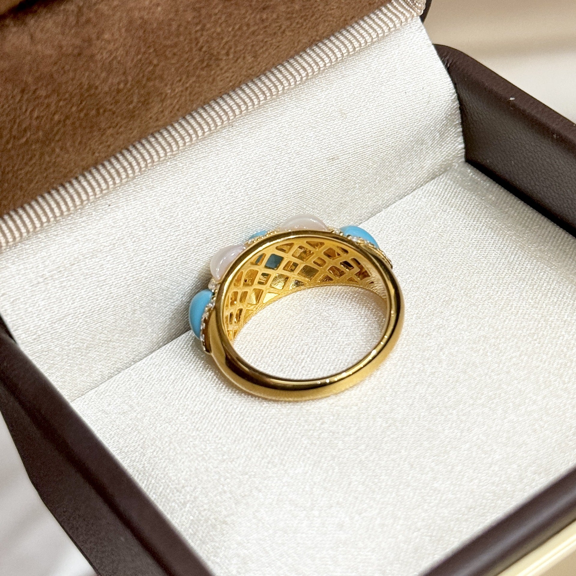 S925 Sterling Silver Turquoise & White Mother-of-Pearl Crossover Ring