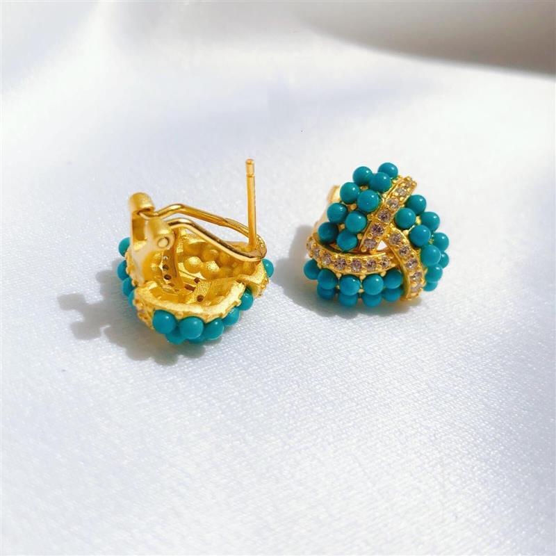 S925 Silver Turquoise Wave-Edge Stud Earrings