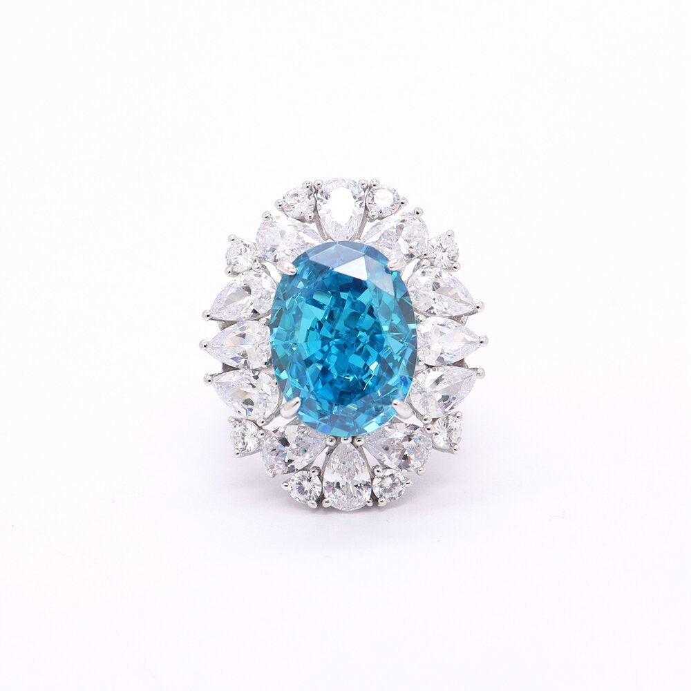 S925 Silver Ice-Cut Oval Blue Diamond Ring